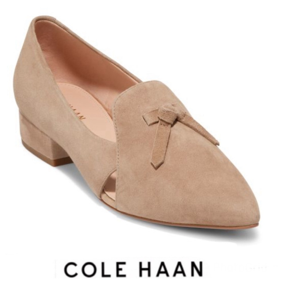 COLE HANN Viola Bow Beige Suede Pointed Slip On Style Pumps Flat Loafers Sz 8.5